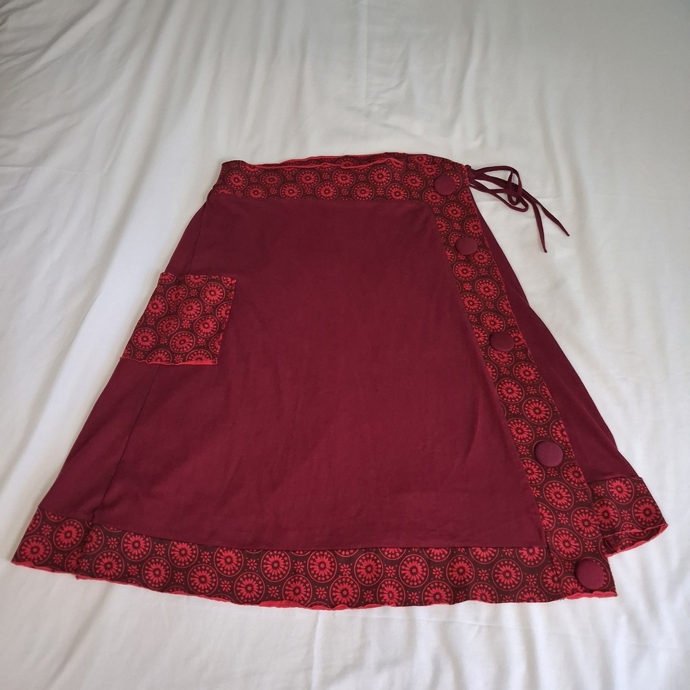 Za Zen Burgundy Red Mandala Print Wrap Skirt Womens Large Boho Midi Side Pocket - Picture 11 of 15